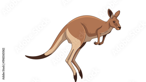 A cartoon kangaroo jumping to the right on a plain white background with a simple illustration style and earthy tones.