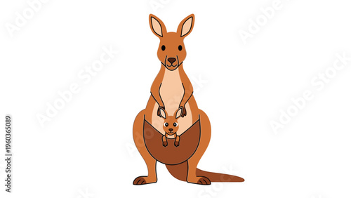 Illustration of a kangaroo with a joey peeking out of its pouch on a plain white background.
