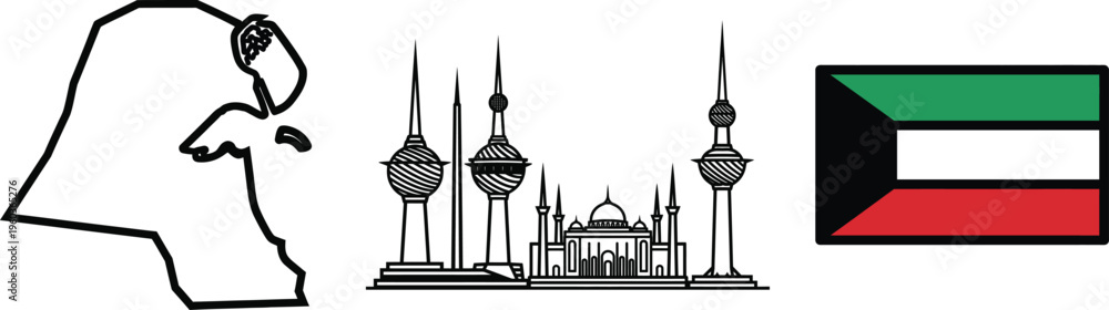 Fototapeta premium Outline map of kuwait with mosque landmarks and official rectangle flag vector