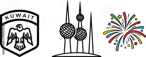 Kuwait emblem with eagle, iconic towers and colorful fireworks burst