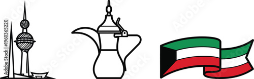 Kuwait tower coffee pot and flag ribbon vector design