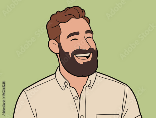 Man with a beard smiles happily in a simple setting against a green background during daytime