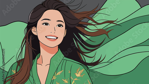 Woman in green outfit smiles with flowing hair against a dark background during a lively moment