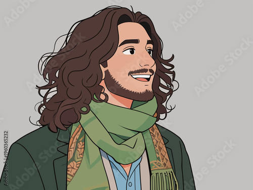 Man with curly hair wearing a green scarf smiles while standing against a gray background in a casual setting during daytime