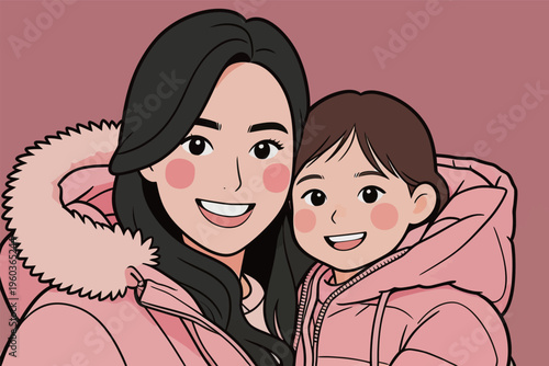 Young mother smiles with her daughter in matching winter jackets during a fun moment indoors in a warm pink setting