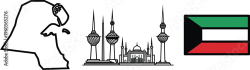 Outline map of kuwait with mosque landmarks and official rectangle flag vector