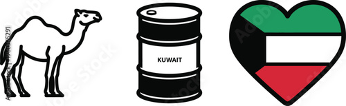 Camel silhouette with oil barrel and kuwait flag heart shape vector illustration