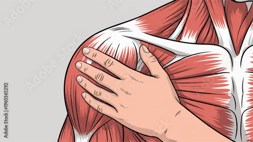 Shoulder anatomy: A detailed illustration of the human shoulder, revealing intricate muscles, tendons, and skeletal structure, perfect for medical education or health-related projects.