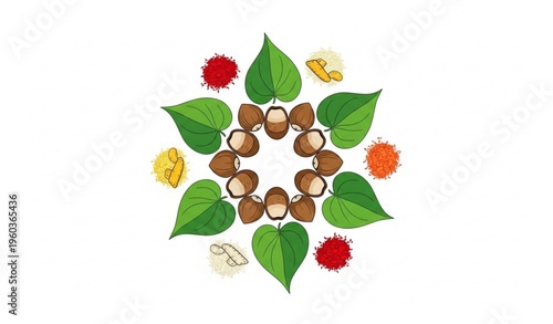 Indian Puja Mandala Style Vector with Betel Leaves Areca Nut Rice Kumkum and Turmeric for Wedding Ceremony Design