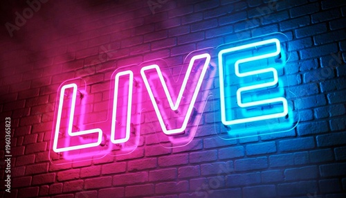 Photograph of a brick wall with a neon 