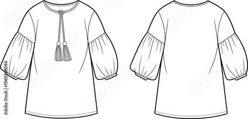 Women Balloon Sleeve Boho Tunic Fashion Flat Sketch, Tie Front Tassel Top Technical Drawing, CAD Apparel Vector Illustration Template Design