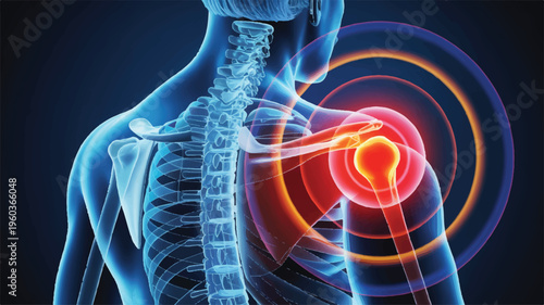 Shoulder Pain Anatomy: Detailed medical illustration highlights the anatomy of a human shoulder, focusing on an area of discomfort, with an emphasis on the affected region.