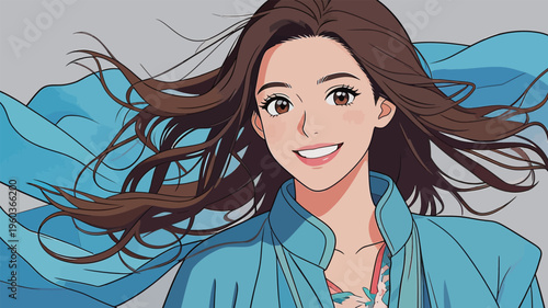 Woman with long hair smiles while wearing blue clothing with flowing fabric in background