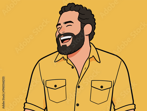 Man with curly hair laughs joyfully while wearing a yellow shirt in front of a plain yellow background