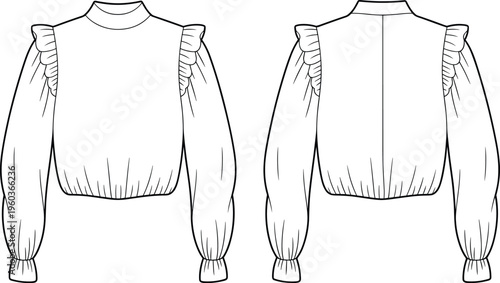 Women High Neck Ruffle Sleeve Crop Top Fashion Flat Sketch, Smocked Waist Blouse Technical Drawing, CAD Apparel Vector Illustration Template Design