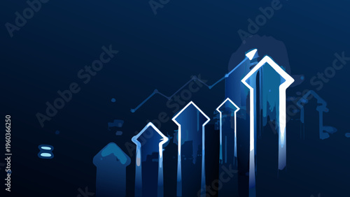 Abstract representation of growth with ascending arrows and city skyline