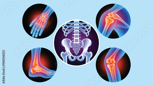 Medical Illustration of Joint Pain: A detailed medical illustration highlights areas affected by joint discomfort, offering a visual representation of the human skeletal structure.