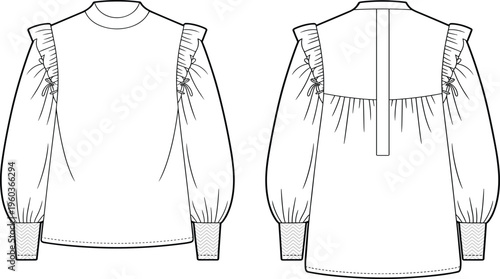 Women High Neck Ruffle Sleeve Blouse Fashion Flat Sketch, Mock Neck Top Technical Drawing, CAD Apparel Vector Illustration Template Design