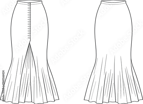 Women High Waist Mermaid Maxi Skirt Vector Technical Drawing Illustration, Front and Back View Button Down Flare Apparel Design Template,
