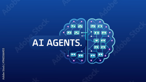 Ai agents concept a digital brain with connected nodes and interfaces