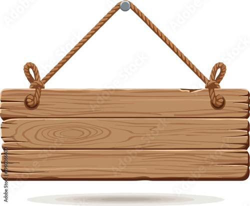 Rustic wooden sign hanging by rope with shadow on white background