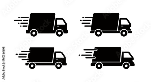 Four Speedy Silhouette Trucks in Black Iconography Demonstrating Transport Motion.