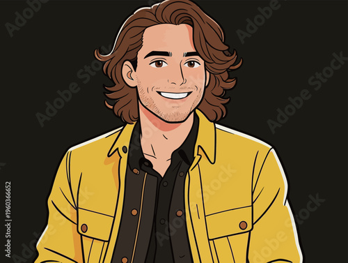 Young man smiles wearing yellow jacket and black shirt with a simple background during a casual moment
