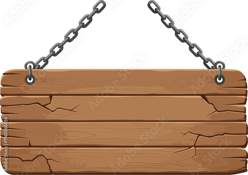 Old wooden sign with cracks, hanging from chains, rustic and weathered, perfect for rustic signage and decor