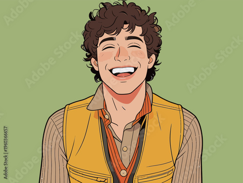 Young man with curly hair smiles brightly while wearing a yellow vest and shirt, set against a plain green background