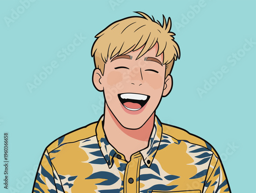 Young man smiles brightly while wearing a colorful shirt in a simple background during daytime