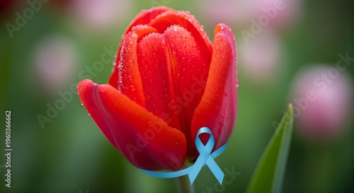 A vibrant red tulip with a light blue ribbon tied around its stem stands out among blurred pink flowers and green leaves on Parkinson's Day in a lush garden on a sunny day
