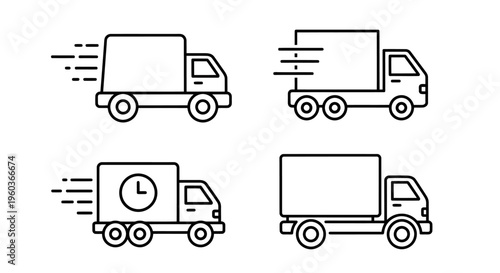 Four moving delivery trucks icons illustrating transport and logistics.