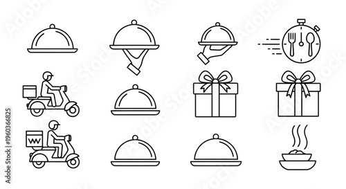 Collection of food service and delivery icons featuring cloches, scooters, gifts, and dining symbols.