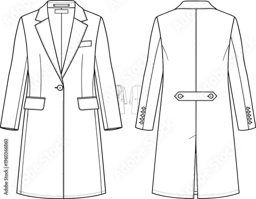 Women long coat technical fashion sketch, front and back view, tailored outerwear illustration, flat design, apparel drawing, isolated vector
