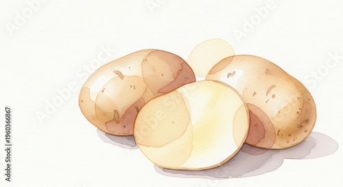 Delicate Watercolor Illustration of Potatoes with Soft Pale Colors