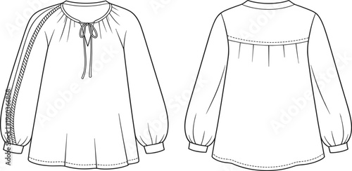Women Long Lantern Sleeve Boho Blouse Fashion Flat Sketch, Tie Front Peasant Top Technical Drawing, CAD Apparel Vector Illustration Template