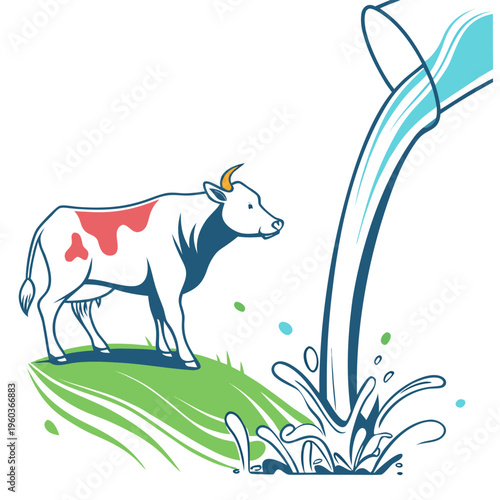 A colorful vector illustration of a cow standing on grass with milk pouring out