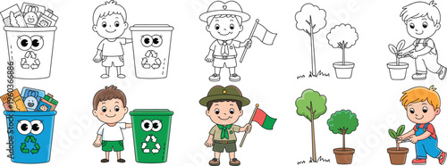 Eco-friendly lifestyle illustration showing children recycling, planting trees, and scouts promoting sustainability, environmental awareness, and green 
