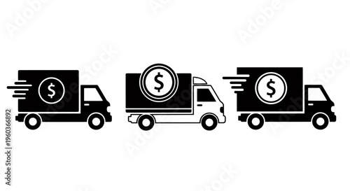 Three Trucks with Dollar Signs Depict Fast Money Movement in Business Logistics.