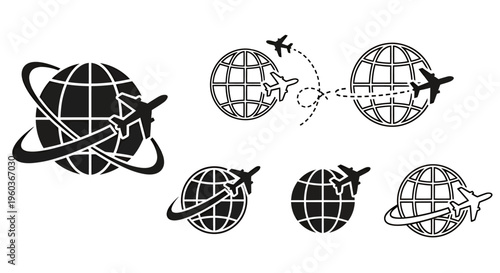 Global travel and aviation network illustration showing interconnected globes and airplanes.