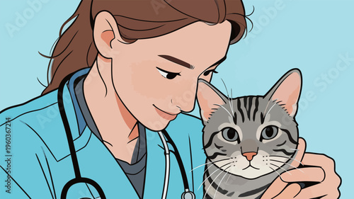 Veterinarian holds a striped cat during a check-up at an animal clinic in the afternoon