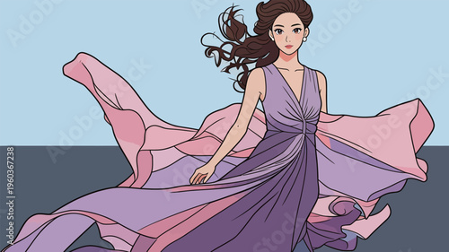Woman walks in a flowing dress while wind moves the fabric in a bright space during daytime
