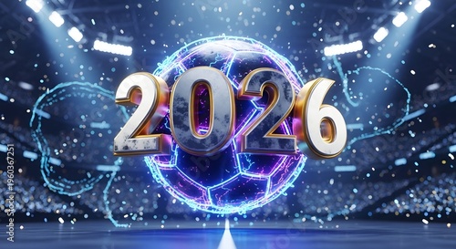 Futuristic 2026 new year celebration with glowing digital number and light effects