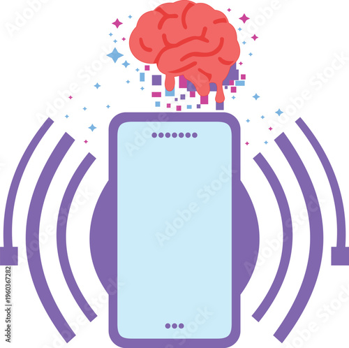 Surreal artificial intelligence concept with melting brain and conceptual smartphone emitting wireless waves digital attention economy