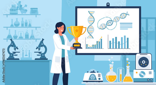 Woman scientist holding a trophy in a laboratory.