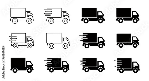 Row of stylized delivery trucks in varying orientations and colors.