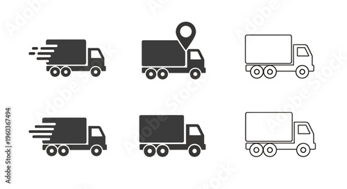 Collection of black and white cargo trucks in motion icons set for transport visuals.