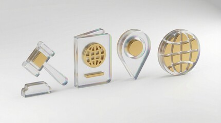 Glass and gold icons of gavel, book, location pin, and globe symbols
