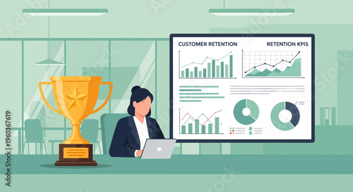 Businesswoman analyzing customer retention data with trophy.