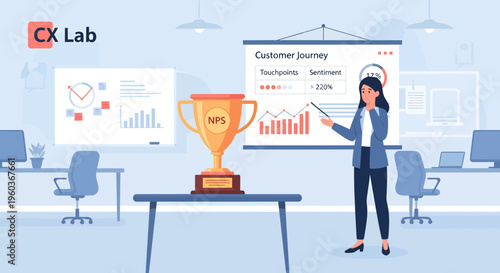 Businesswoman presenting customer journey with trophy award.